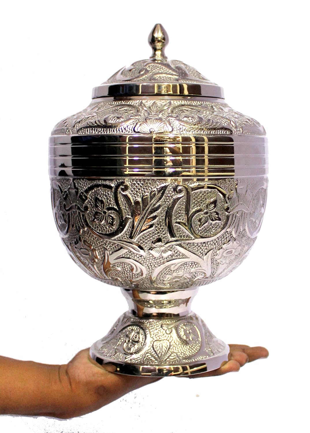 eSplanade - Brass Embossed Cremation Urn Memorial Human Ashes Container Jar Pot | Burial Funeral Urns | Silver Engraved - 12" Inches (Full Size Regular Urn)