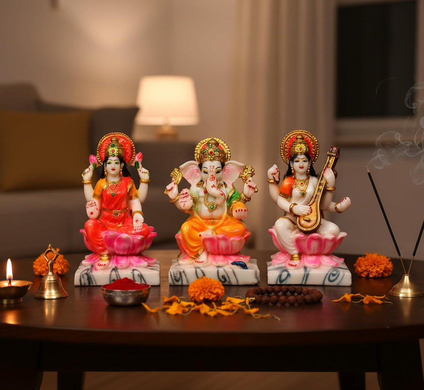 eSplanade Saraswati on Lotus | Saraswati Goddess Murti Idol Statue Sculpture Figurine - Resin - Multi - 10.5" & 7" Inches