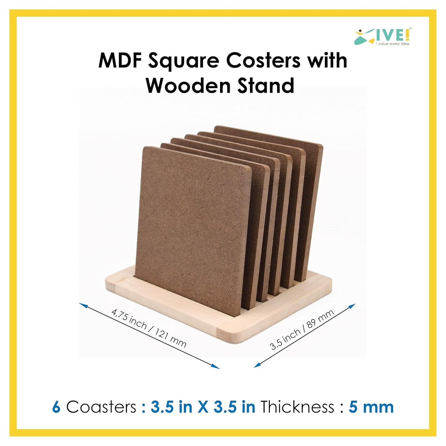 IVEI MDF DIY Coasters with Holder Stand - MDF Plain Wooden Coasters & Holder Blank Cutouts for Painting, Sheet Craft, Decoupage, Resin Art Work & Decoration (Square with Wooden Holder)