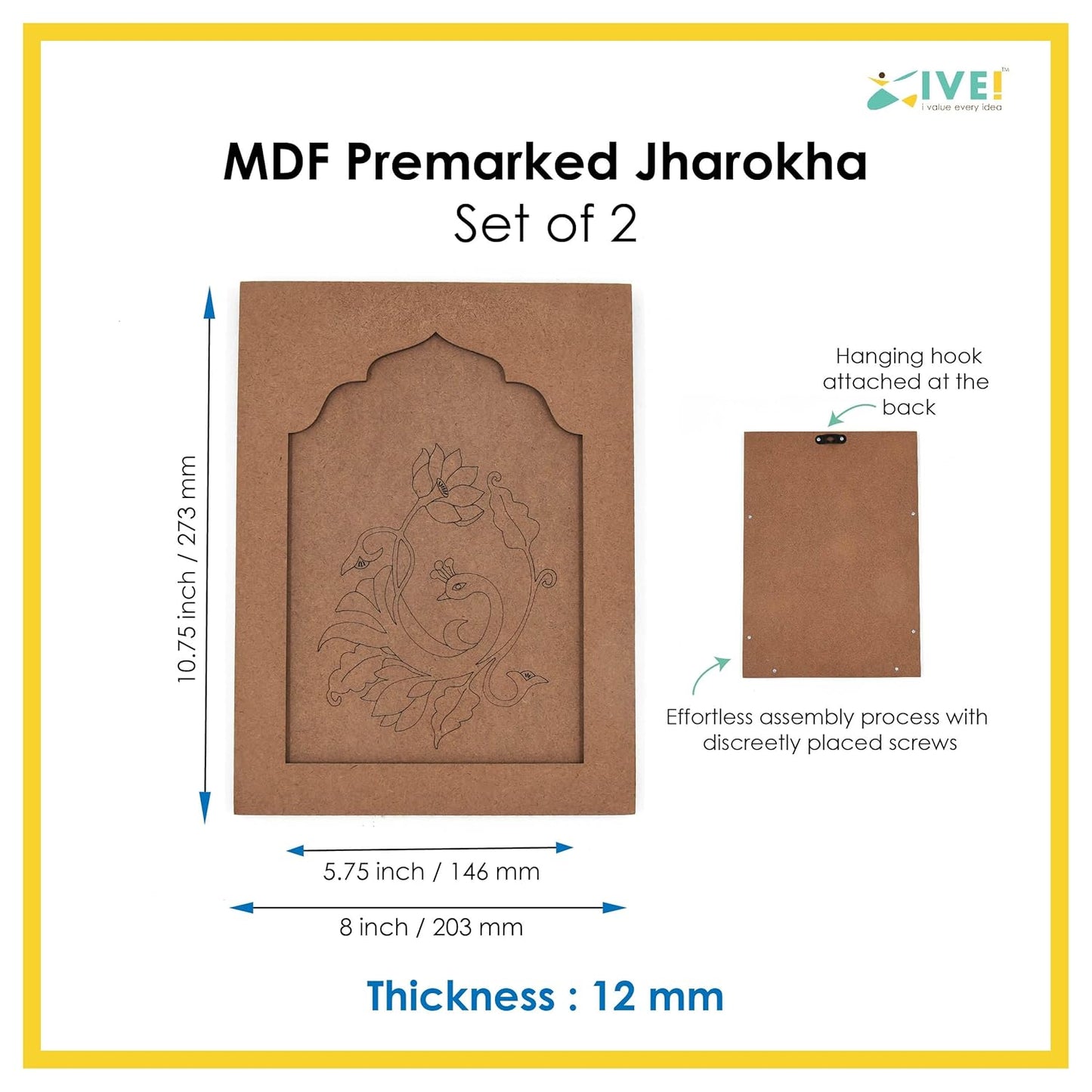 IVEI MDF DIY Jharokha Wall Decor - Set of 2, 8x11 - Paint & Decorate for Crafts & Decoupage - Durable, Easy Assembly with Hanging Hook - for Crafters (Medium - Pre Marked)
