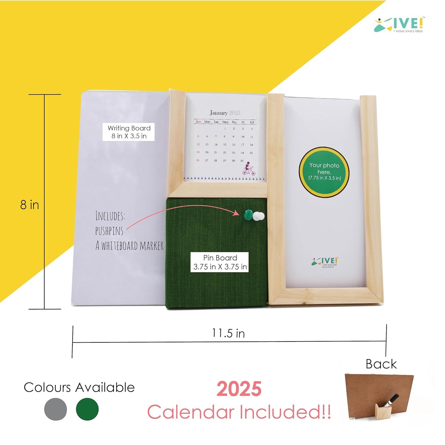 IVEI Premium Desk Organizer with replaceable Calendar, Whiteboard, Pin Board, Photo Frame, and Pen Stand - Multifunctional Workspace Organizer - Elegant Design (Green)
