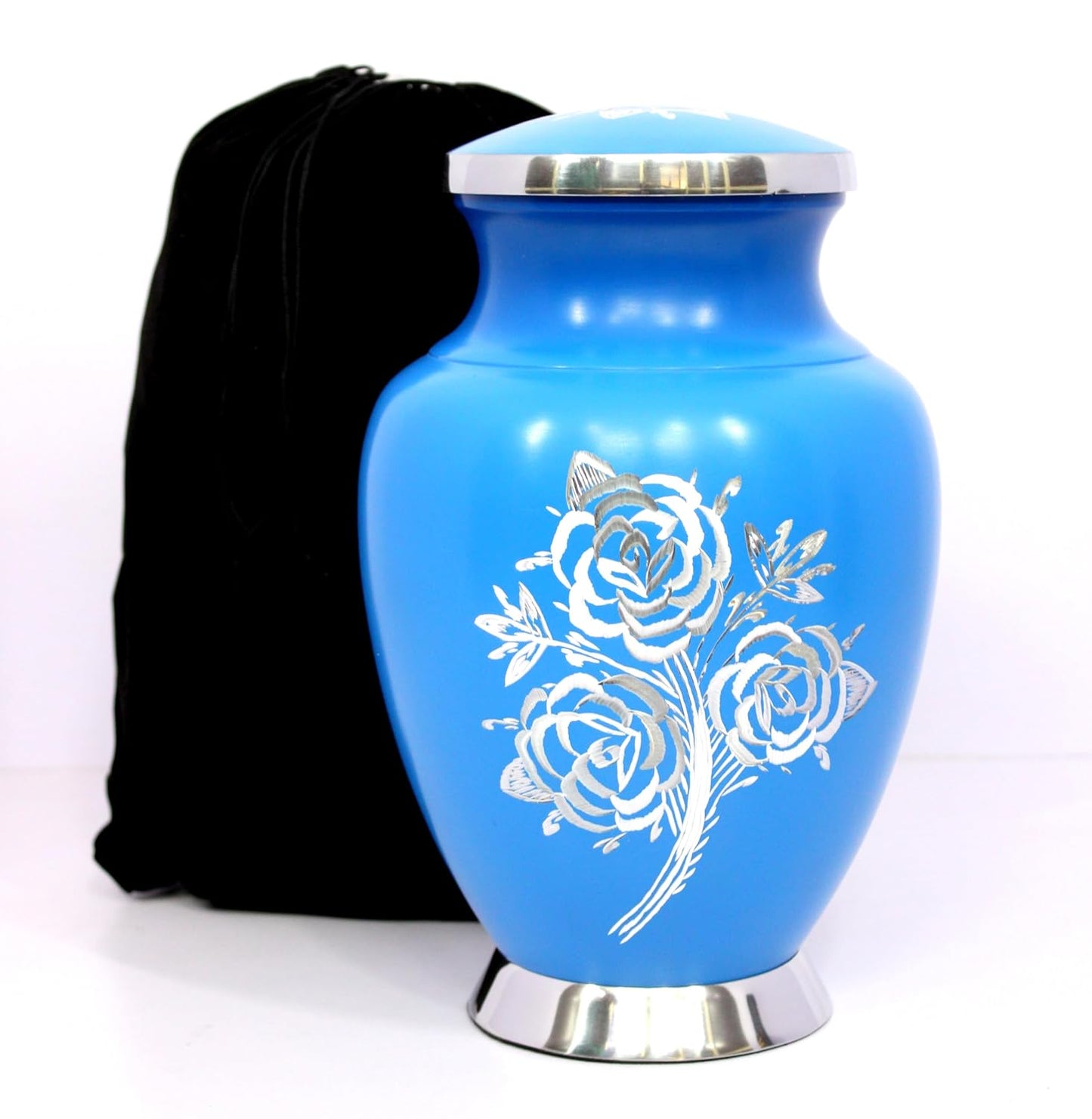eSplanade Cremation Urn Memorial Human Ashes Container Jar Pot | Burial Funeral Urns | Blue Engraved Flowers - 10 Inches (Full Size)