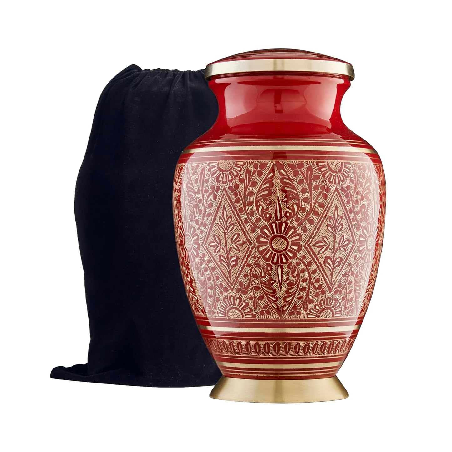 ESPLANADE Brass Urn for Ashes Adult Male Female – 10" Cremation Urn for Human Ashes, Full Size Large ERN, Engraved Geometric Floral Red Colour, Funeral Vase with Velvet Bag - for 80kg Adult