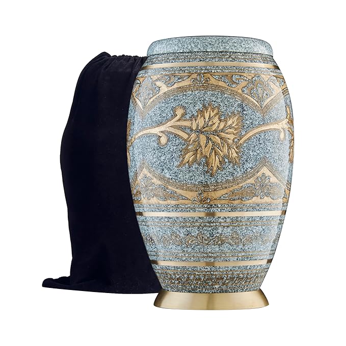 Esplanade Brass Urn for Ashes Adult Male Female – 10" Cremation Urn for Human Ashes, Full Size Large Urn, Engraving Design in Grey Golden Colour, Funeral Vase with Velvet Bag - for 80kg Adult