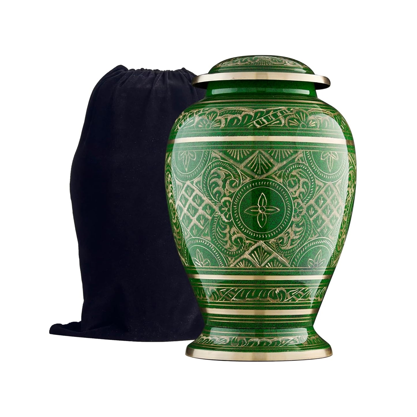 Esplanade Brass Urn for Ashes Adult Male Female – 10" Cremation Urn for Human Ashes, Full Size Large Urn, Engraved Geometric Floral Green Colour, Funeral Vase with Velvet Bag - for 80kg Adult