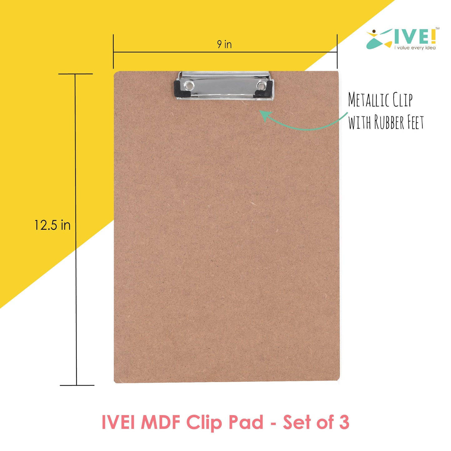 IVEI Clip Pad Writing Board | Examination Board, Drawing Pad & Note-Taking Board | MDF A4 Plain - Set of 3 | Exam Pad | School Supplies (Plain)