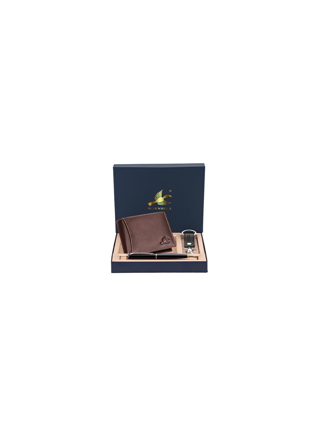 HORNBULL Themes Brown Mens Leather Wallet, Keyring & Pen Combo Gift Set for Men | Valentine's Day Branded Gift Hamper for Men