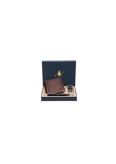 HORNBULL Themes Brown Mens Leather Wallet, Keyring & Pen Combo Gift Set for Men | Valentine's Day Branded Gift Hamper for Men