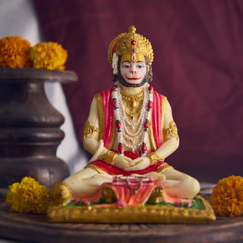ESPLANADE Resin Hanuman Idol for Car Dashboard – Bajrangbali Murti in Sitting Blessing Pose for Home Temple & Office Décor, Multicolour Sankat Mochan Miniature Desk Statue (7" Inches)