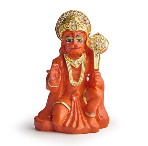 ESPLANADE Resin Hanuman Idol for Car Dashboard – Bajrangbali Murti in Sitting Blessing Pose for Home Temple & Office Décor, Multicolour Sankat Mochan Miniature Desk Statue (3" Inches)