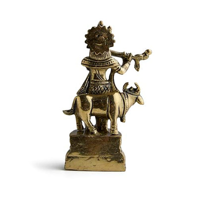 ESPLANADE Brass Krishna with Cow Gopal Kishan Thakurji Murti Idol Statue Sculpture | Pooja Idols | Home Decor (4.5" Inches)