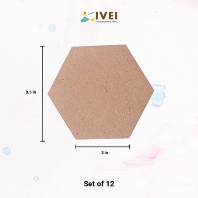 IVEI MDF DIY Coasters Wood Sheet Craft - MDF Plain Wooden Coasters Hexagon Shaped Blank Cutouts for Painting Wooden Sheet Craft, Decoupage, Resin Art Work & Decoration - Set of 12