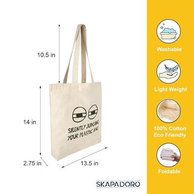 SKAPADORO Tote Bag 100% Cotton, Natural Ecofriendly Basic Canvas Bag for Travel, College, Beach, Shopping, Grocery, Vegetable Bag - Sun/Beach; Judging Plastic Bag & Origami Design