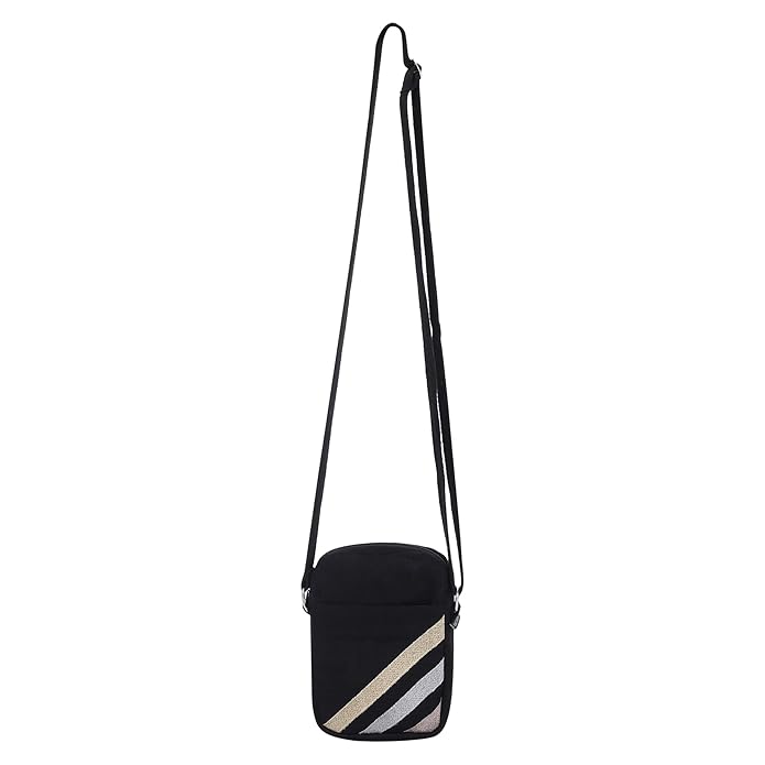 SKAPADORO Canvas Mobile Cross Body Black Sling Bag for Women Girls,100% Cotton, Embroidery, Zip Closure, Pocket, Adjustable Strap, Compact Everyday Bag - Day to Night (Black)