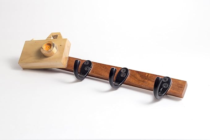 ESPLANADE Key Holder for Wall - Stylish Wooden Hook Holder for Clothes & Bags - Key/Cloth Organizer Hooks - Wall Mounted Unique Key Holder for Home Décor/Office Décor with Handcrafted Camera