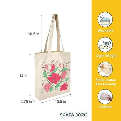 SKAPADORO, Canvas Zip Tote - 100% Cotton, Ecofriendly Printed Tote Bags For Travel, College & Beach, Shopping, Grocery, Easy to Wash Trendy Everyday Shoulder Bag (1, Magnolia Flower)