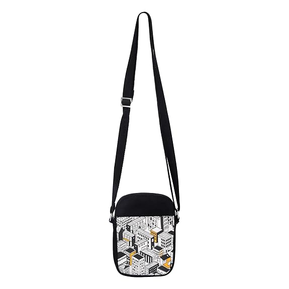SKAPADORO Canvas Mobile Cross Body Black Sling Bag for Men & Women,100% Cotton, Zip Closure, Pocket, Adjustable Strap, Compact Everyday Bag - City (Black & White)