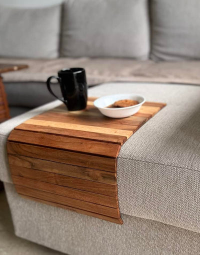 KLEO Sofa Armrest Tray - Handcrafted Acacia Wood Tambour Tray | Flexible & Foldable Dining Table Mat | Water Resistant & Stain Proof | Ideal for Food, Drinks, Snacks, Cup Coaster