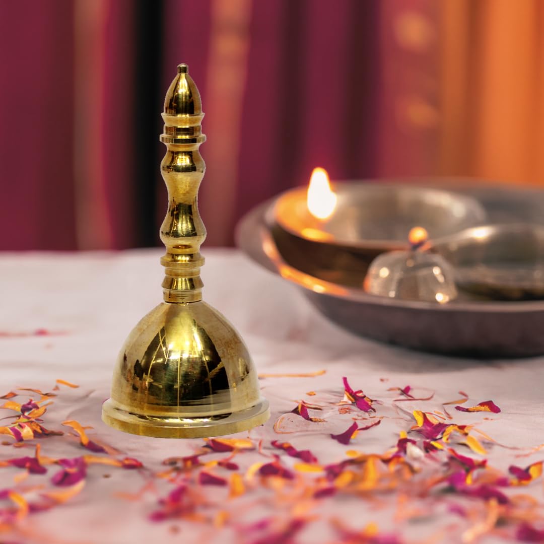 Esplanade Solid Brass Pooja Bell | 4.5" Ghanti for Puja, Temple & Spiritual Ceremonies, Spiritual Item for Housewarming Gift