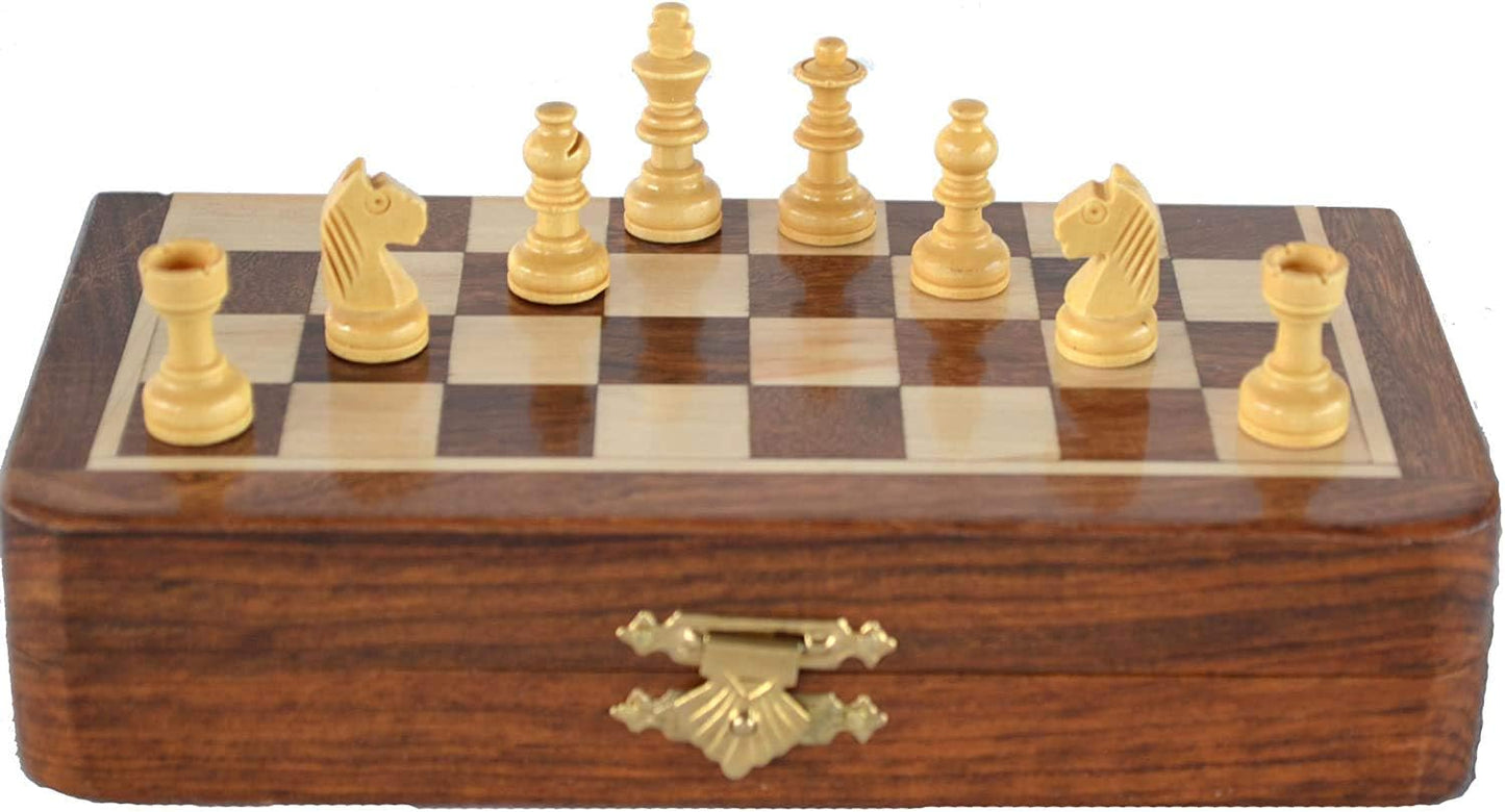 Handmade Wooden Rosewood Foldable Magnetic Chess Game Board with Storage Slots, 7 Inch