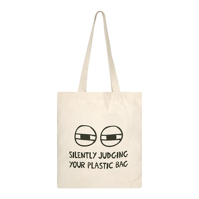 SKAPADORO Tote Bag 100% Cotton, Natural Ecofriendly Basic Canvas Bag for Travel, College, Beach, Shopping, Grocery, Vegetable Bag - Sun/Beach; Judging Plastic Bag & Origami Design
