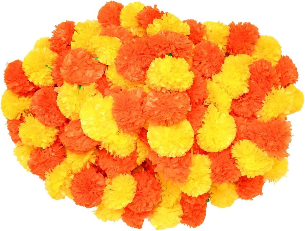 eSplanade Artificial Marigold Flower Garlands for Home Decor - Pack of 5 Strings - Lemon-Mango colour - 4 to 4.5 Feet Length