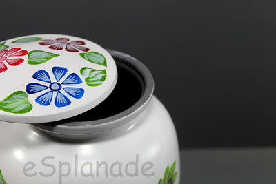 eSplanade Metal Cremation Urn Memorial Jar Pot Container | Full Size Urn for Funeral Ashes Burial | Flowers Printed Urn | Blue, Brown, Multicolor - 10" Inches