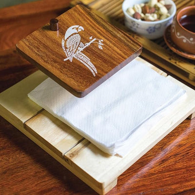 Esplanade Wooden Tissue Holder – Parrot Print Tissue Paper Holder - Smart Napkin Holder - Antique Handcrafted Decorative Wooden Holder - Tissue Holder for Table Office and Home