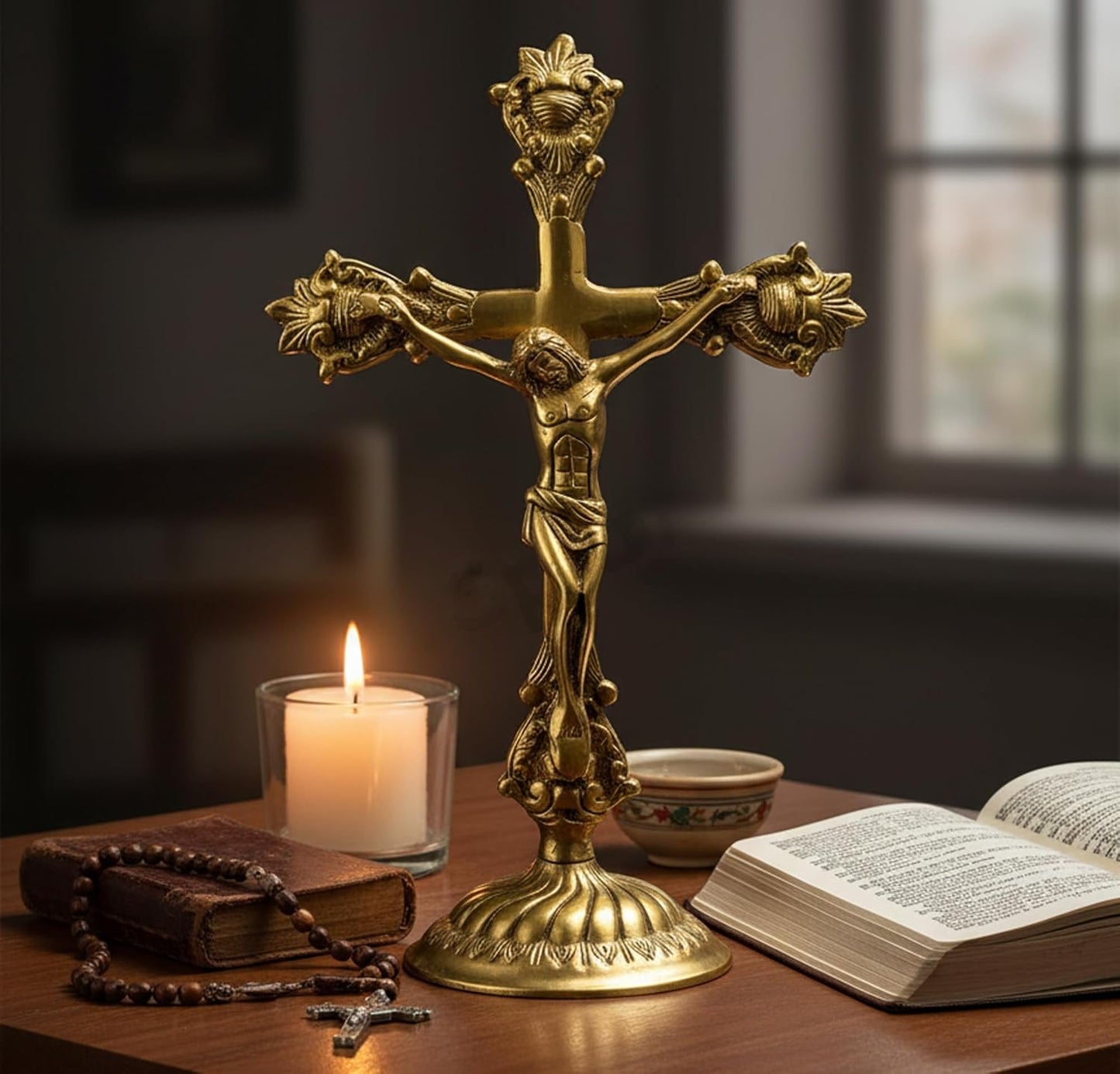eSplanade Brass Christian Cross Jesus Christ Statue in Antique Finish (11" & 12" Jesus Cross)
