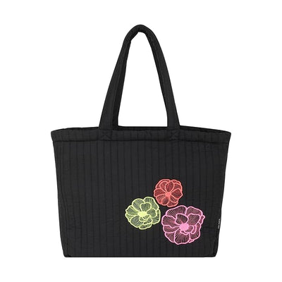 SKAPADORO Quilted Cotton Tote Bag with Zip, Inner Zipper Pocket, Multipurpose Embroidered Hand Bag for Women/Girls For Shopping Travel College Gym Work, Everyday Shoulder Bag - Evil Eye; Floral