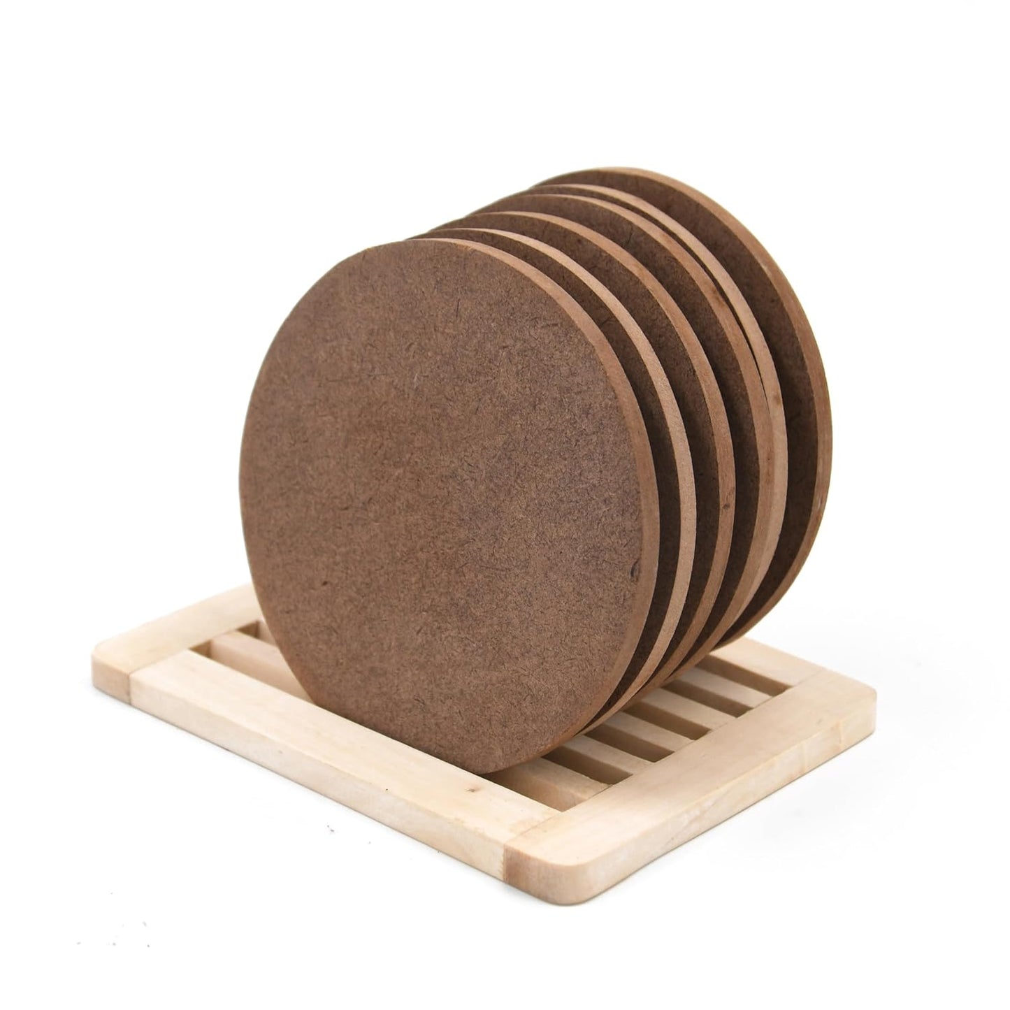 IVEI MDF DIY Coasters with Holder Stand - MDF Plain Wooden Coasters & Holder Blank Cutouts for Painting, Sheet Craft, Decoupage, Resin Art Work & Decoration (Round with Wooden Stand)