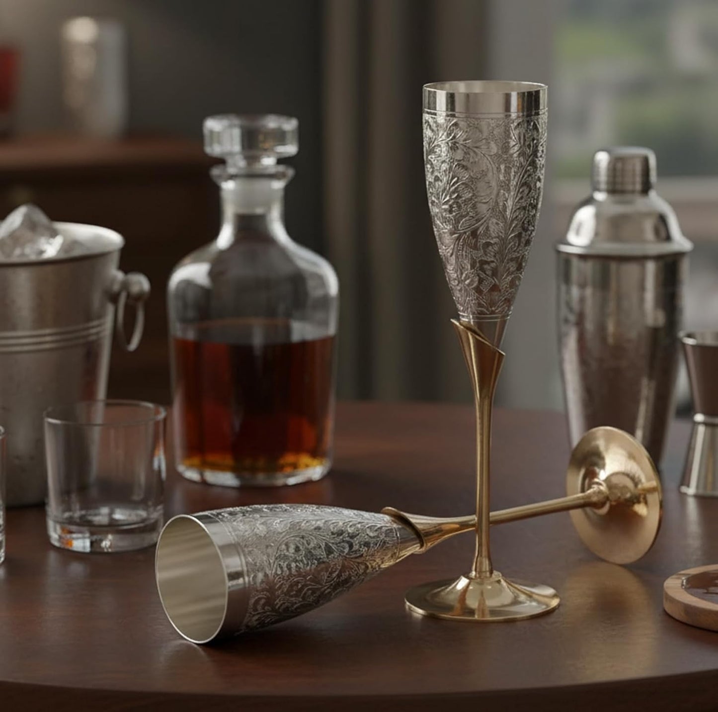 StonKraft Engraved Silver Plated Pure Brass Premium Goblet Champagne Flutes Coupes Wine Glass Set