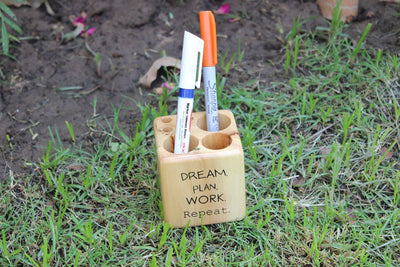 IVEI Sleek Pine Wood Rectangular Pen Stand for Father - Pen/Pencil Holder - Minimalistic Office Desk Organizer with Quote - Wooden Stationery Holder for Office and Study Table - Unique Budget Gifts
