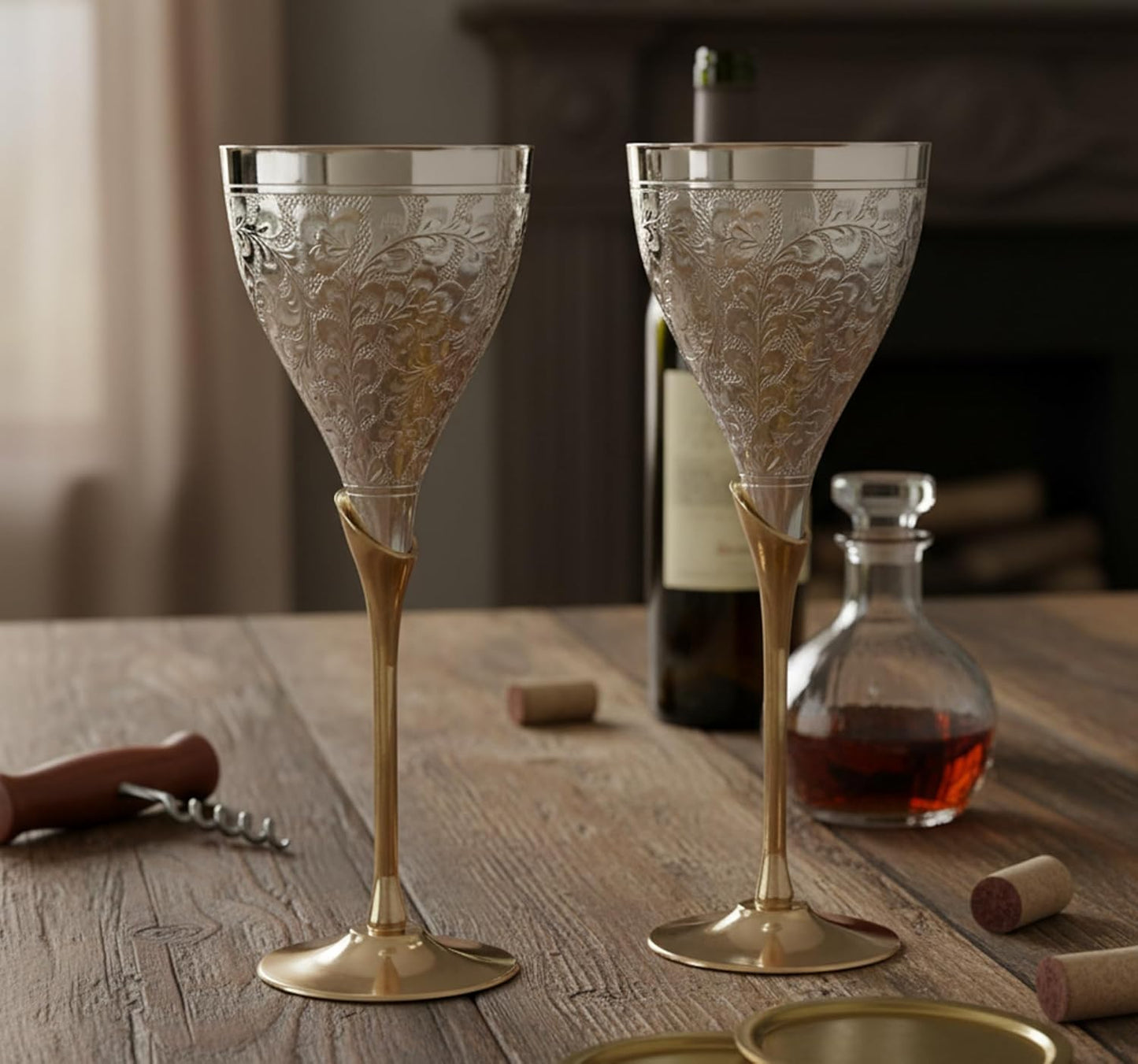 StonKraft Engraved Copper Plated Brass Wine Goblet Champagne Flutes Coupes Glasses Set of Two - Ideal for Moscow Mule Too (Thick)