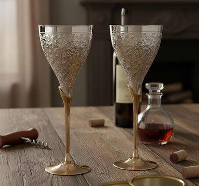 StonKraft Engraved Copper Plated Brass Wine Goblet Champagne Flutes Coupes Glasses Set of Two - Ideal for Moscow Mule Too (Thick)