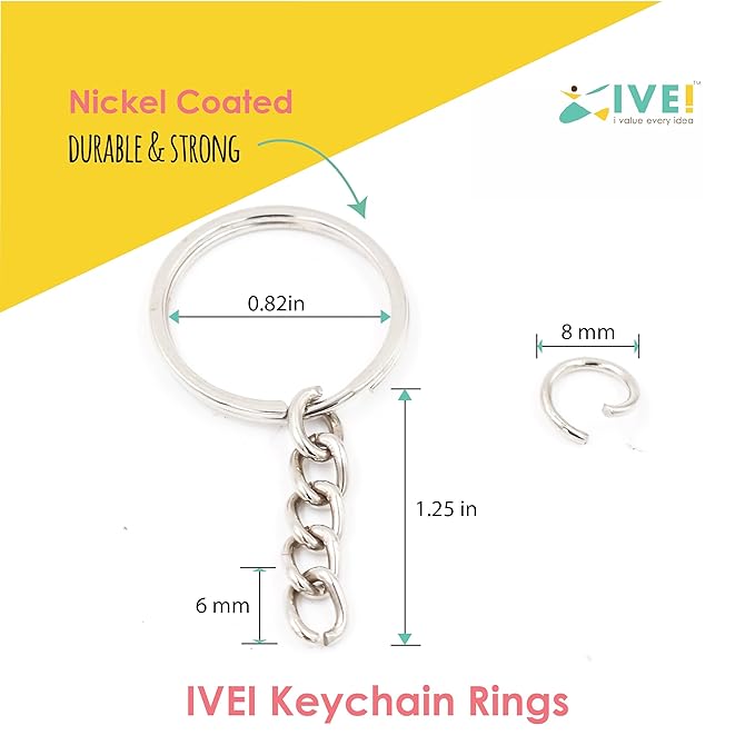 IVEI DIY Keychain Rings with Open Jump Rings for Craft | Metal Split Keyring of 25mm | Set of 100 for Jewlery, Charms and Purse Making | Craft Essentials for Small Businesses (Keychain Rings Set 100)