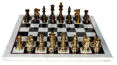 StonKraft Collectible White & Black Marble Chess Board Set + Brass Chess Pieces Pawns - Decorative Stone Chess - Home Decor - 15" Inches