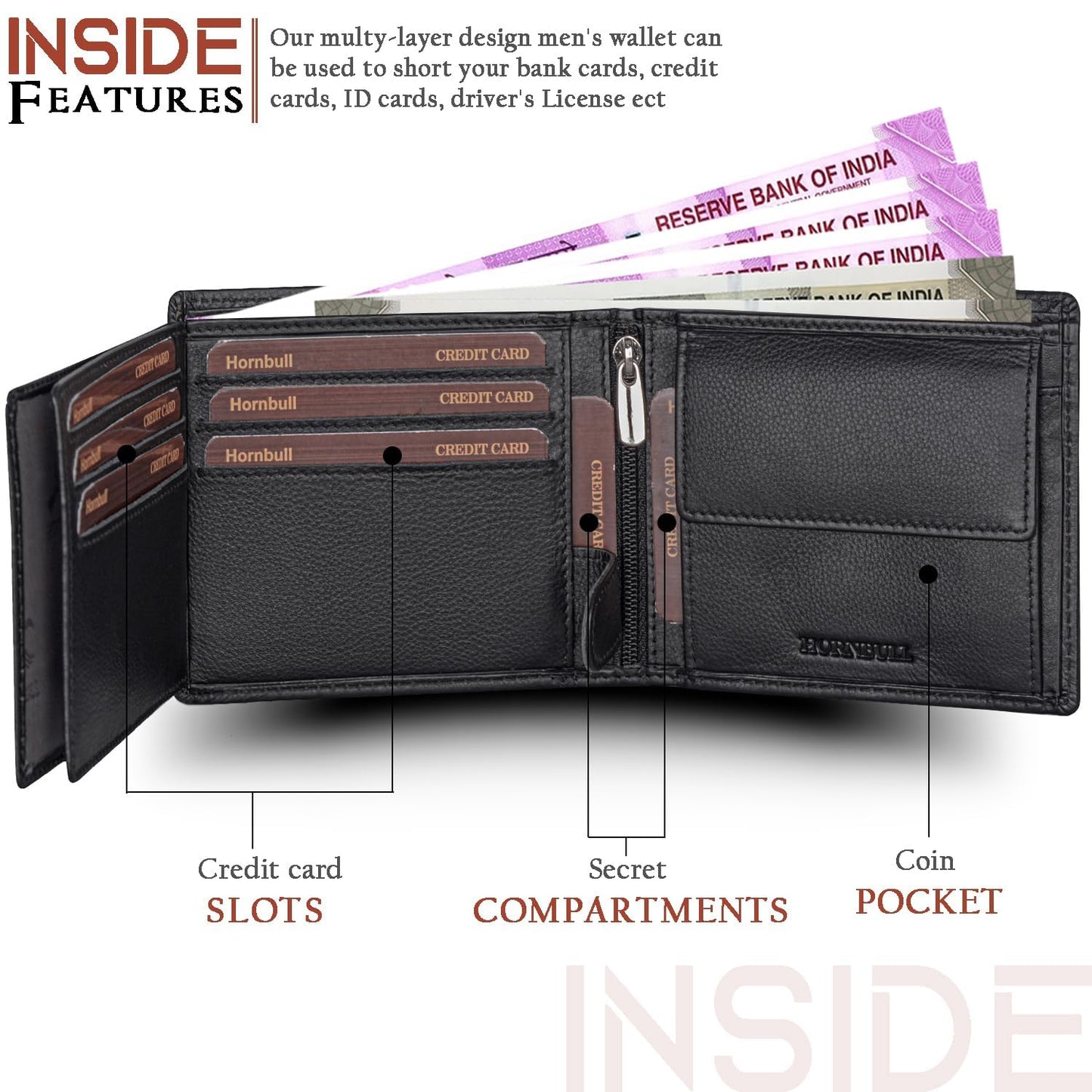 HORNBULL Themes Black Mens Leather Wallet, Keyring & Pen Combo Gift Set for Men | Wallet Men Leather Branded