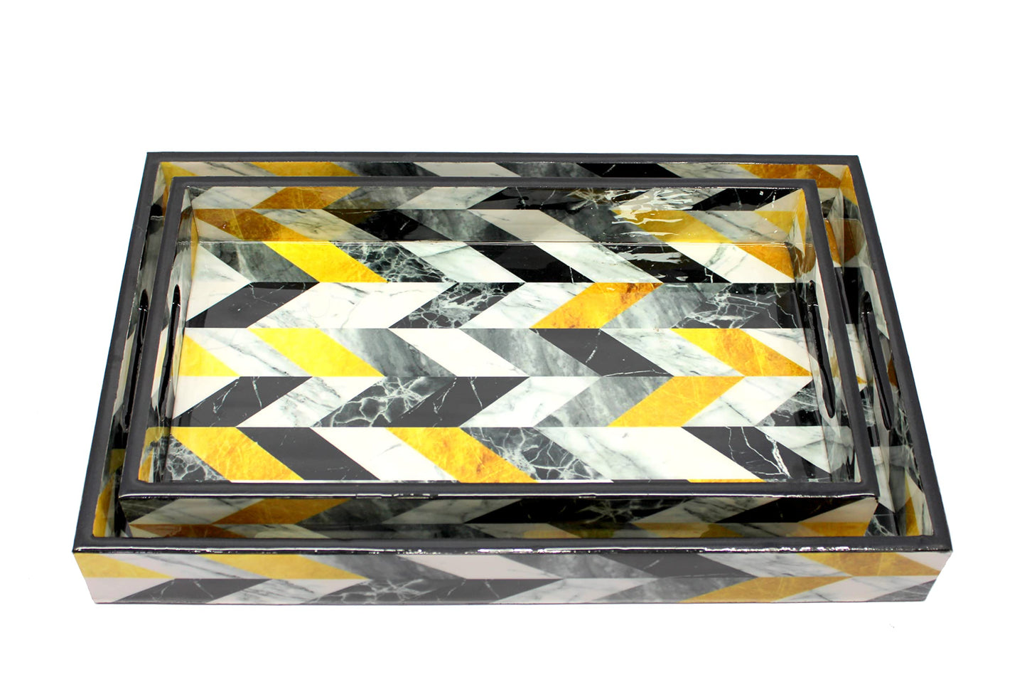 ESPLANADE Wooden Serving Trays - Set of 2 - Home Office Dining Table Multipurpose Serveware - 16" x 10" Inches - Black-Yellow