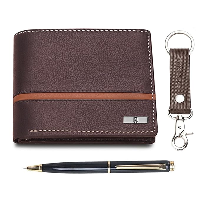 HORNBULL Denial Brown Mens Leather Wallet Combo Gift Set | Leather Wallet, Key Ring & Pen Combo Valentine Gift Hamper | Branded Mens Wallet