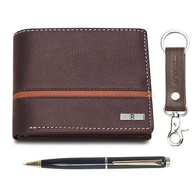 HORNBULL Denial Brown Mens Leather Wallet Combo Gift Set | Leather Wallet, Key Ring & Pen Combo Valentine Gift Hamper | Branded Mens Wallet