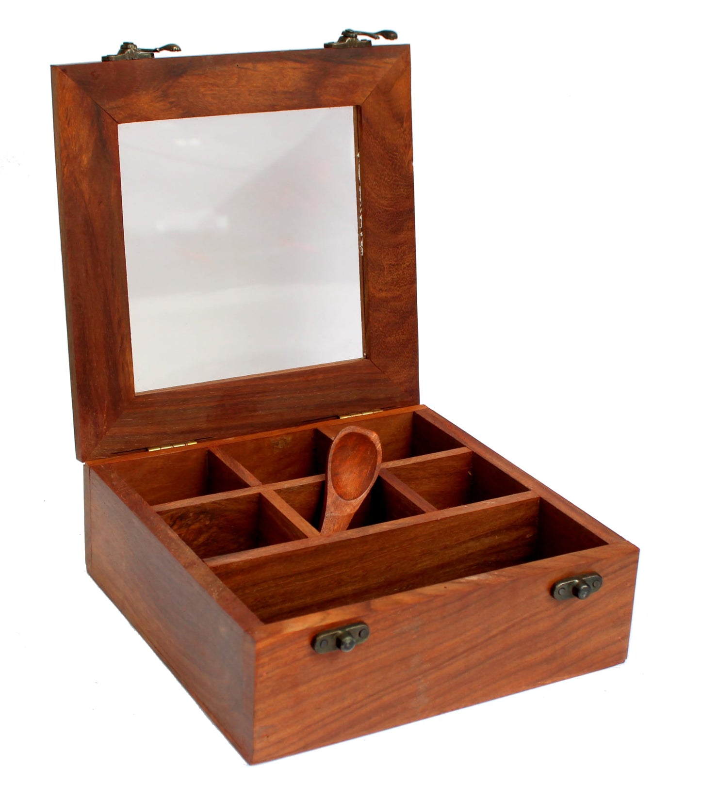 ESPLANADE Wooden Masala Daani with Transparent Top | Kitchen Set with Wooden Spoon - – Brown | Wooden Decorative | Organizer (Dark Brown)
