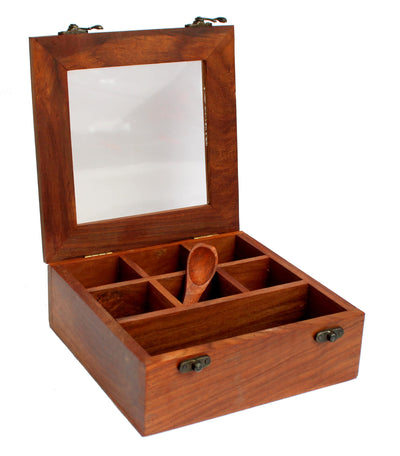 ESPLANADE Wooden Masala Daani with Transparent Top | Kitchen Set with Wooden Spoon - – Brown | Wooden Decorative | Organizer (Dark Brown)