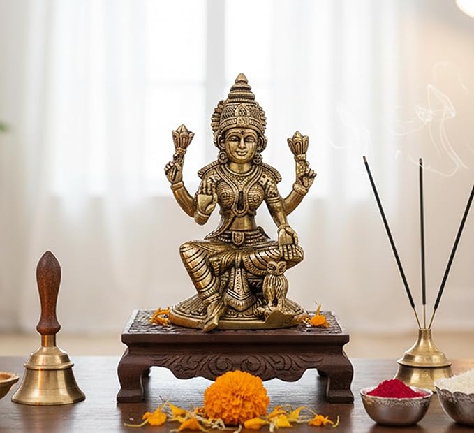 eSplanade Brass Laxmi Lakshmi Goddess Murti Idol Statue Figurine Sculpture | Pooja Idols - Home Decor | Golden - 6.75" Inches & 9.75" Inches - Multi