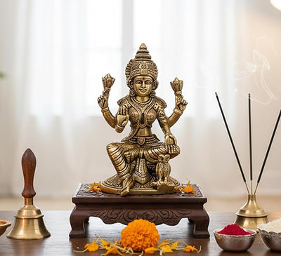 eSplanade Brass Laxmi Lakshmi Goddess Murti Idol Statue Figurine Sculpture | Pooja Idols - Home Decor | Golden - 6.75" Inches & 9.75" Inches - Multi