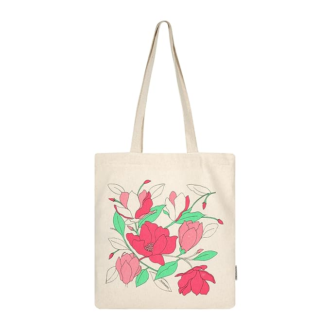 SKAPADORO, Canvas Zip Tote - 100% Cotton, Ecofriendly Printed Tote Bags For Travel, College & Beach, Shopping, Grocery, Easy to Wash Trendy Everyday Shoulder Bag (1, Magnolia Flower)