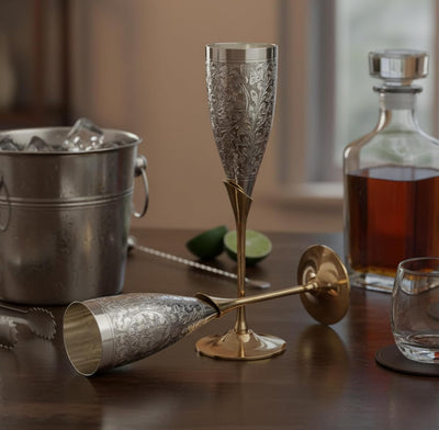 StonKraft Engraved Silver Plated Pure Brass Premium Goblet Champagne Flutes Coupes Wine Glass Set