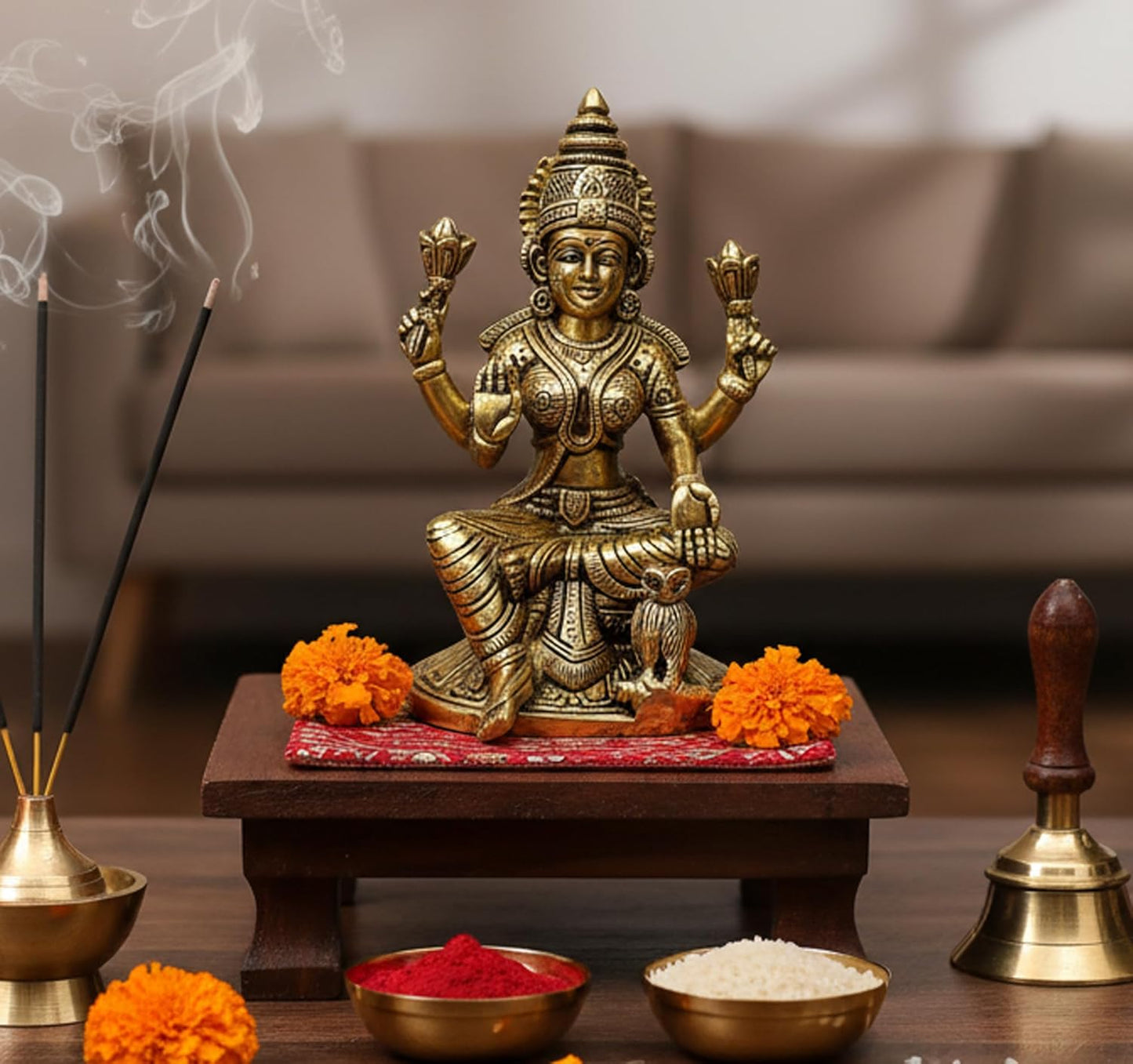 eSplanade Brass Laxmi Lakshmi Goddess Murti Idol Statue Figurine Sculpture | Pooja Idols - Home Decor | Golden - 6.75" Inches & 9.75" Inches - Multi