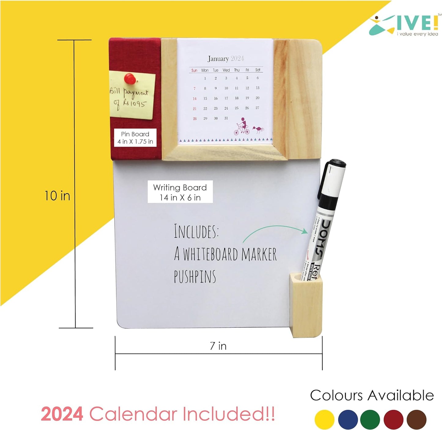 IVEI Warli Calendar with Pin Board & White Board - Magnet Board Calendar for Fridge - Utility Desk Calendar Dry Erase Board - Mini Calendar Fridge Magnet with Whiteboard & Pinboard - Brown, Green, Wine, Yellow, Blue