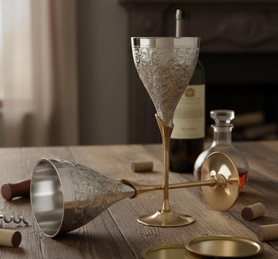 StonKraft Engraved Copper Plated Brass Wine Goblet Champagne Flutes Coupes Glasses Set of Two - Ideal for Moscow Mule Too (Thick)